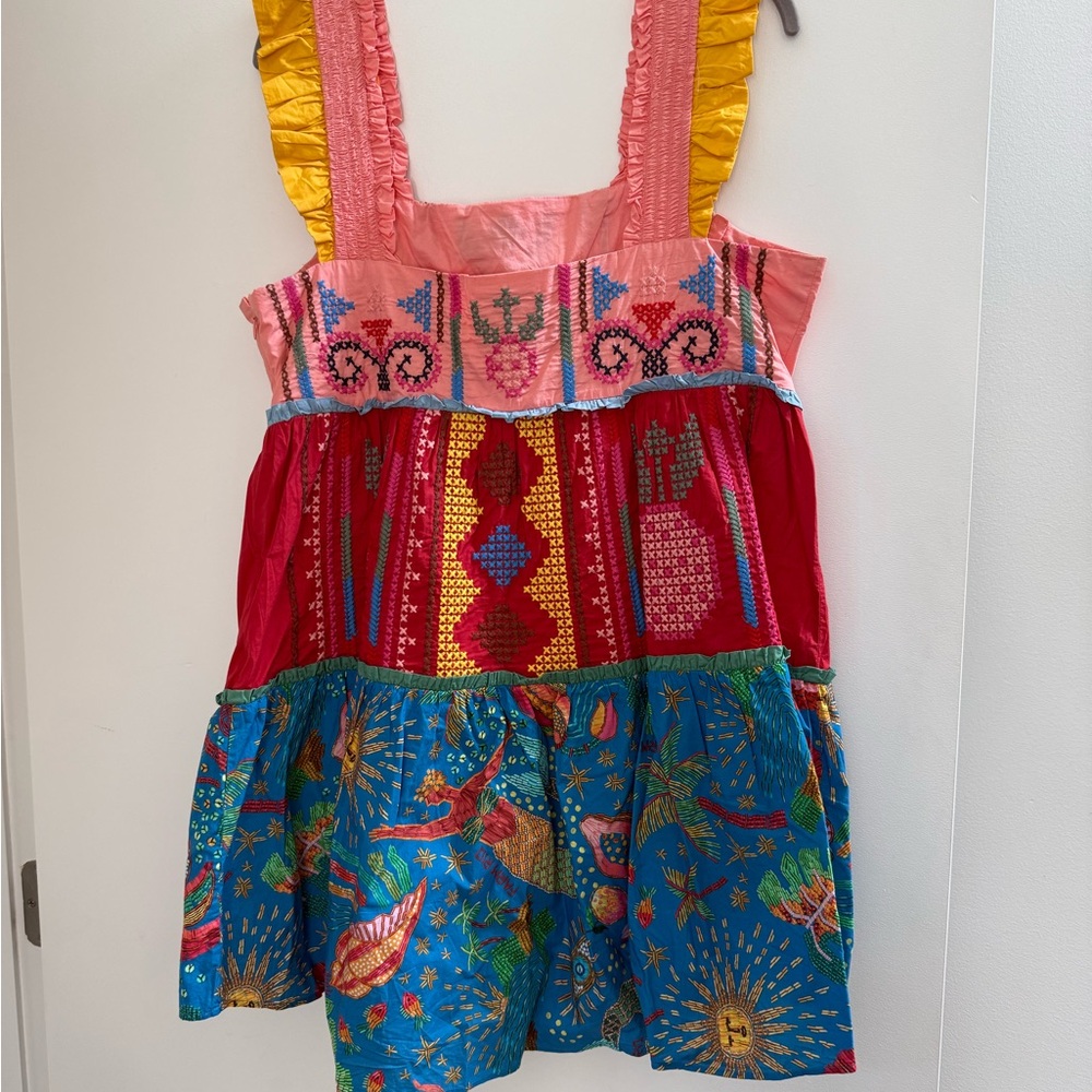 FARM Rio Pink Red Blue Tiered Mini Dress with Yellow Ruffle Straps - Picture 2 of 4